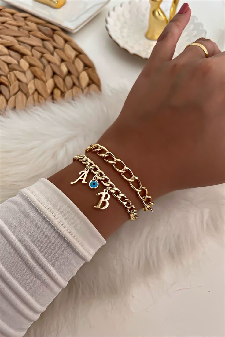 İki Harfli İkili Zincir Bileklik 8 Gold