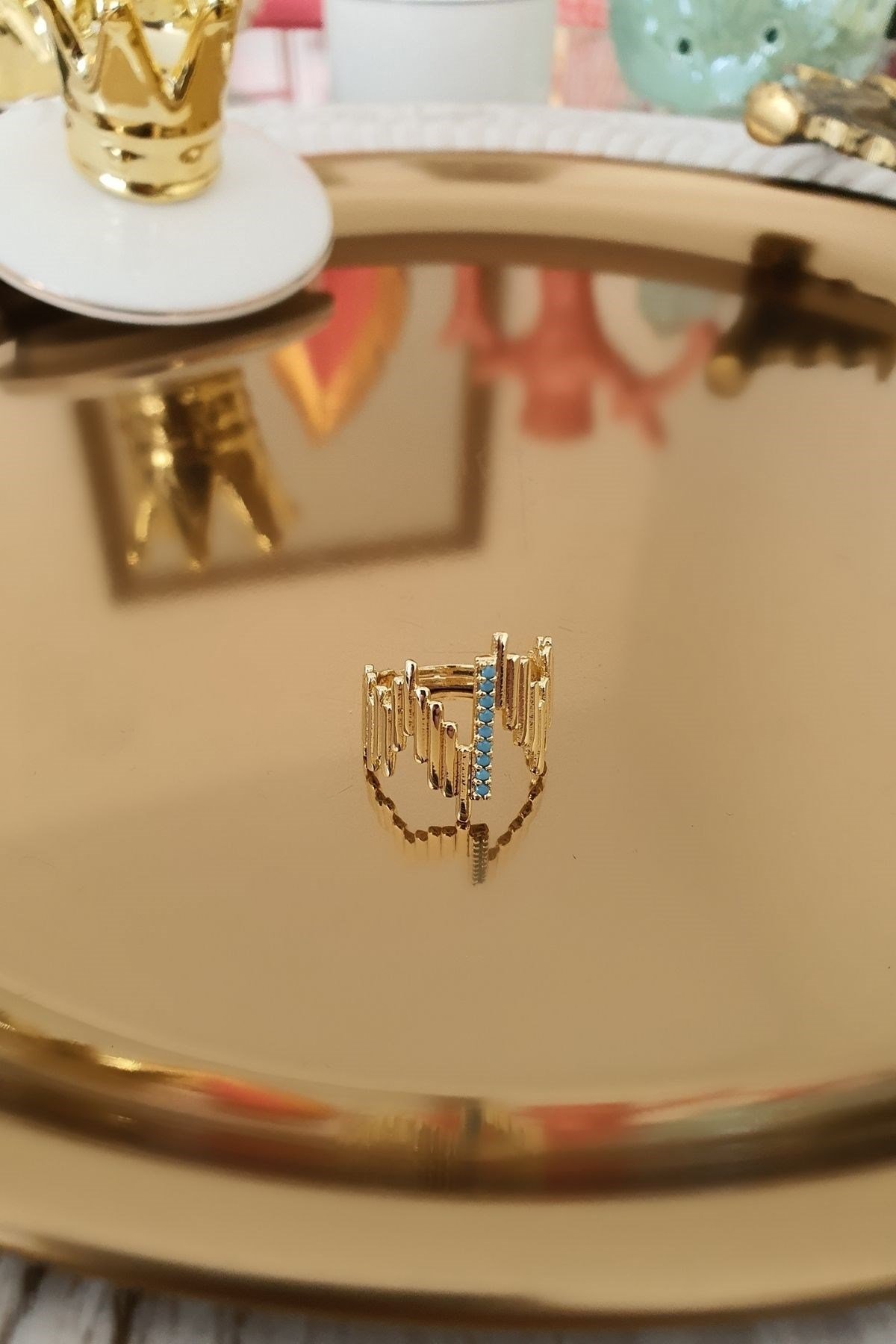 İnce Çubuk Model Turkuaz Zirkon Taşlı Yüzük Gold