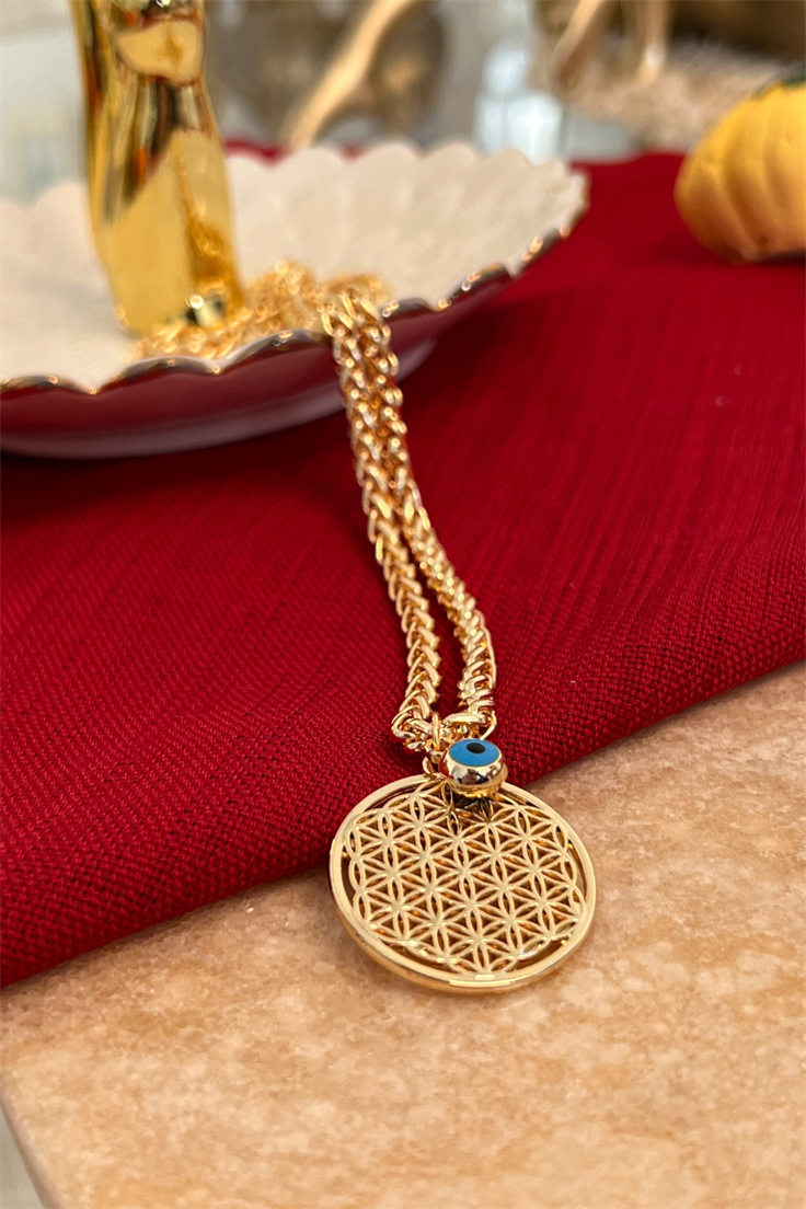 İnce Örgü Zincirli Yaşam Çiçeği ve Nazar Detaylı Kolye Gold