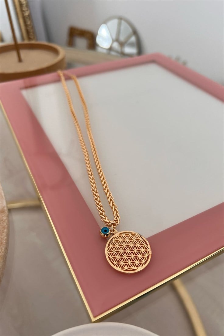 İnce Örgü Zincirli Yaşam Çiçeği ve Nazar Detaylı Kolye Gold
