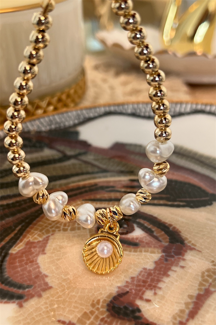 inci İstiridye Sallantılı İnci detaylı Gold Topçuk Bileklik Gold