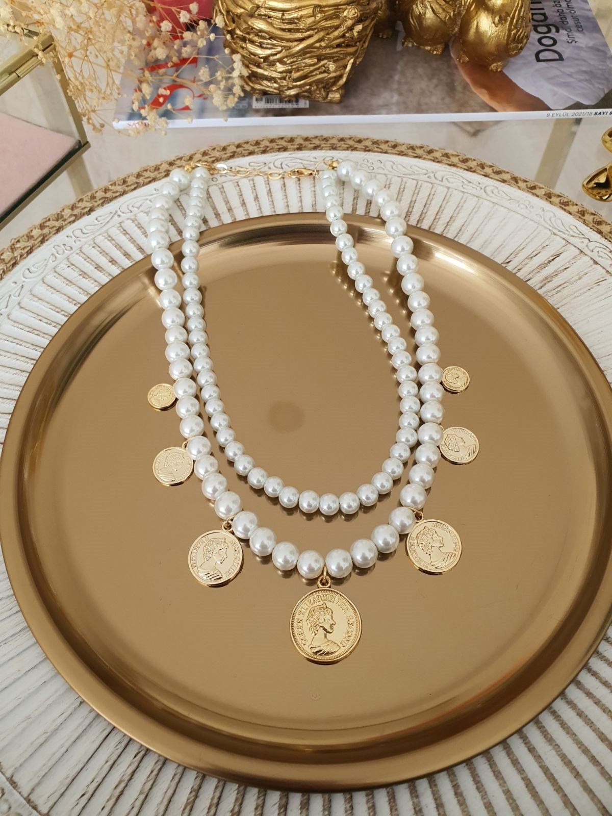 İnci Model Madalyon Sallantılı İkili Kolye Gold