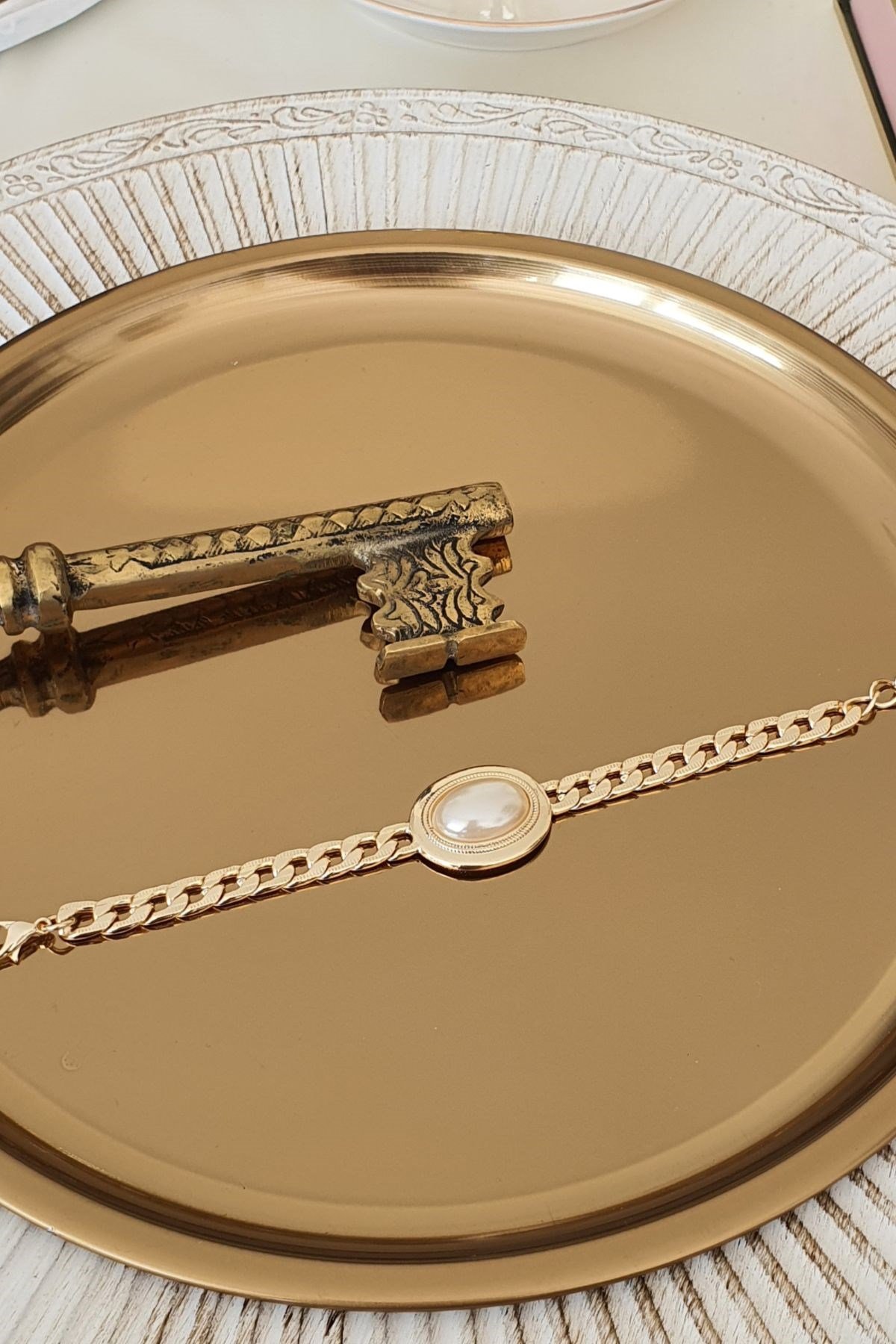 İnci Model Oval Zincir Bileklik Gold
