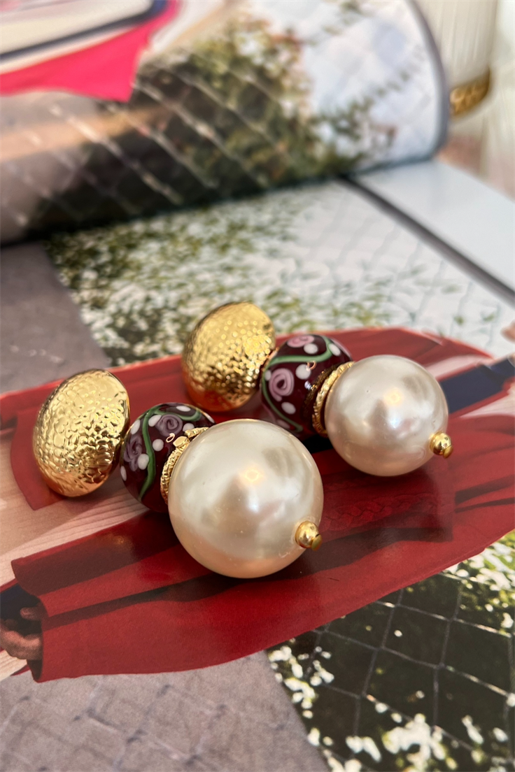 İnci Sallantılı Çiçekli Vintage Küpe Gold