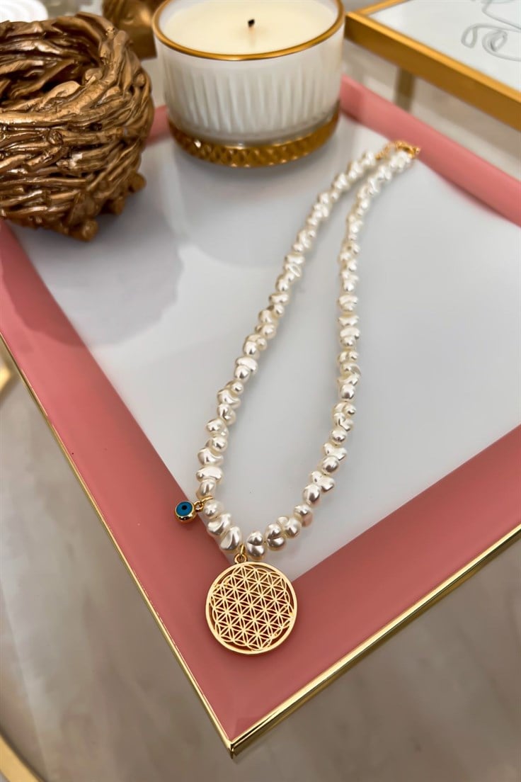 İnci Sıralı Nazar Detaylı Yaşam Çiçeği Kolye Gold