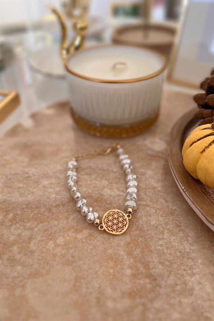 İnci Sıralı Yaşam Çiçeği Bileklik Gold