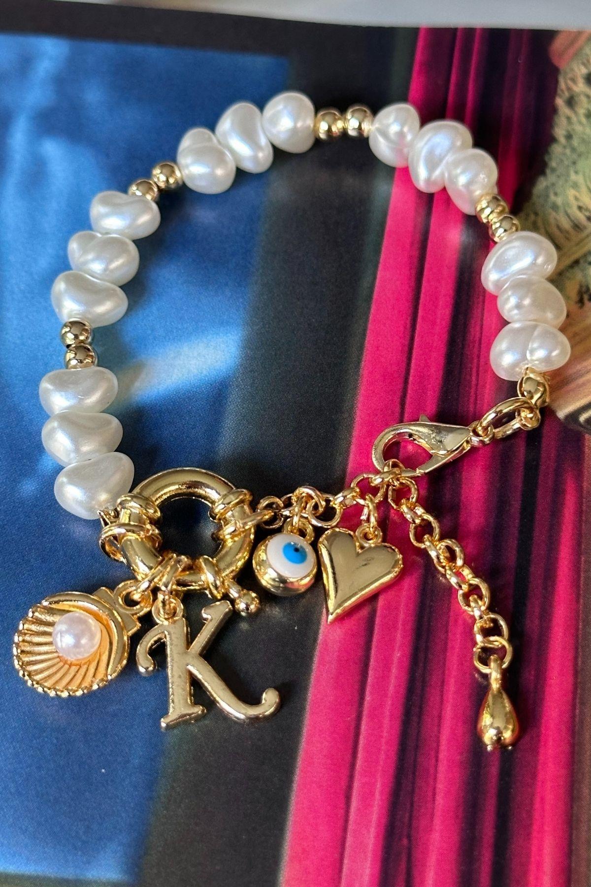 K Harfli İnci Model İstiridye,Nazar ve Kalp Sallantılı Tasarım Bileklik