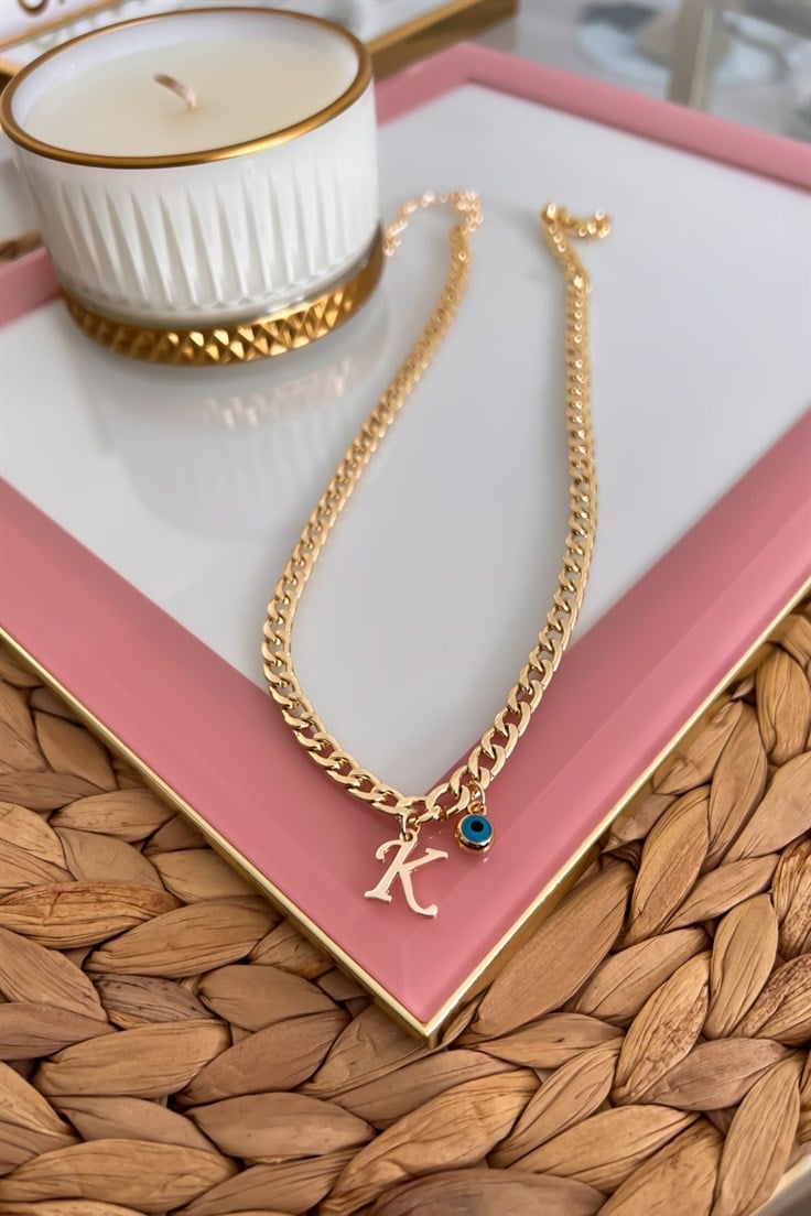 K Harfli ve Nazar Sallantılı İnce Nostalji Zincirli Kolye Gold