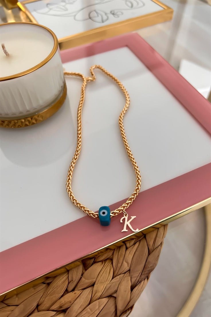 K Harfli ve Nazar Sallantılı Örme Zincirli Kolye Gold