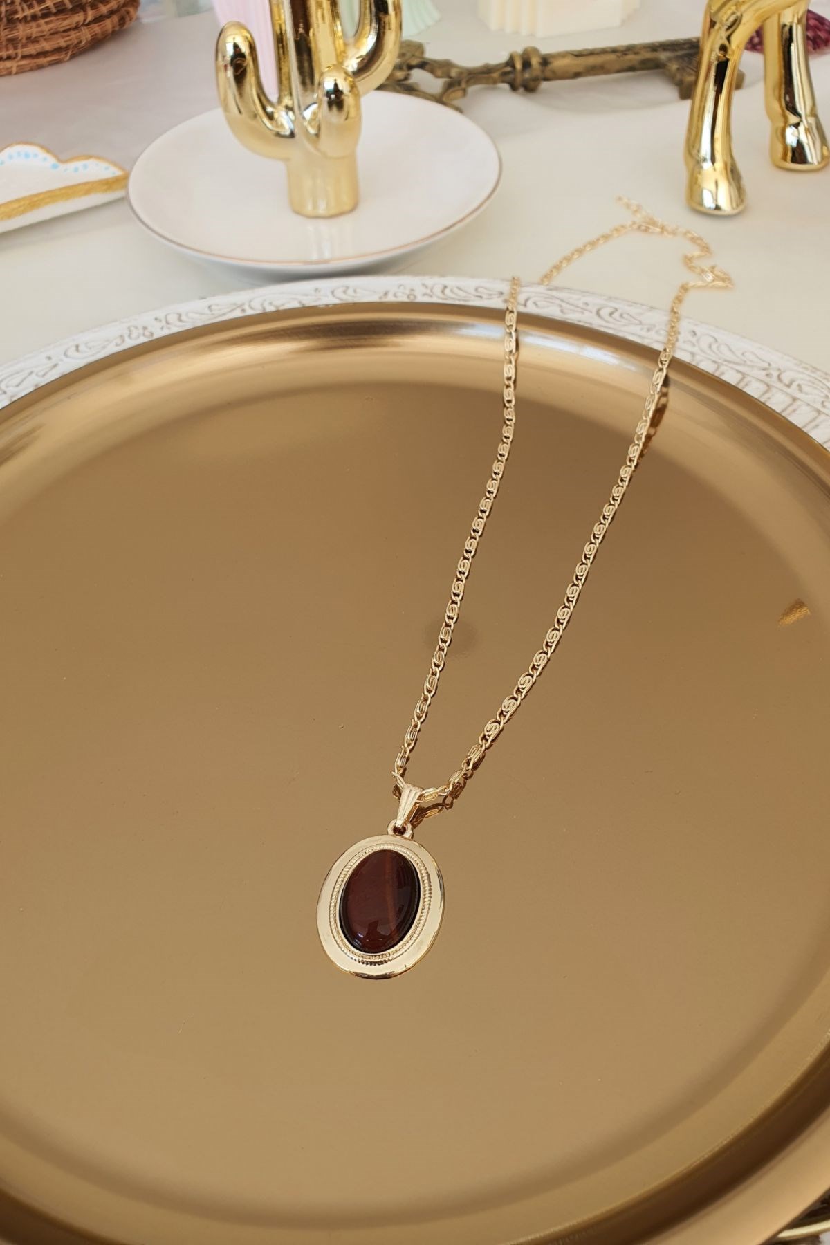 Kahve Ton Oval Kuyumcu Model Kolye Gold