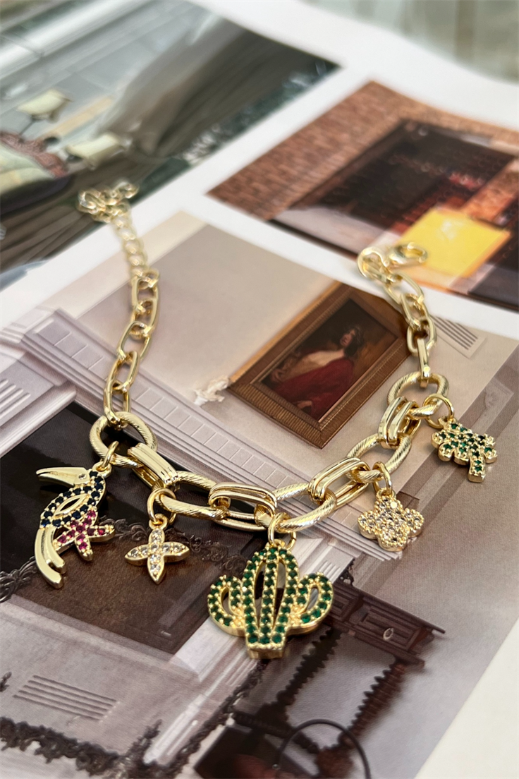 Kaktüs, Kuş Ve Palmiye Sallantılı Zincir Bileklik Gold