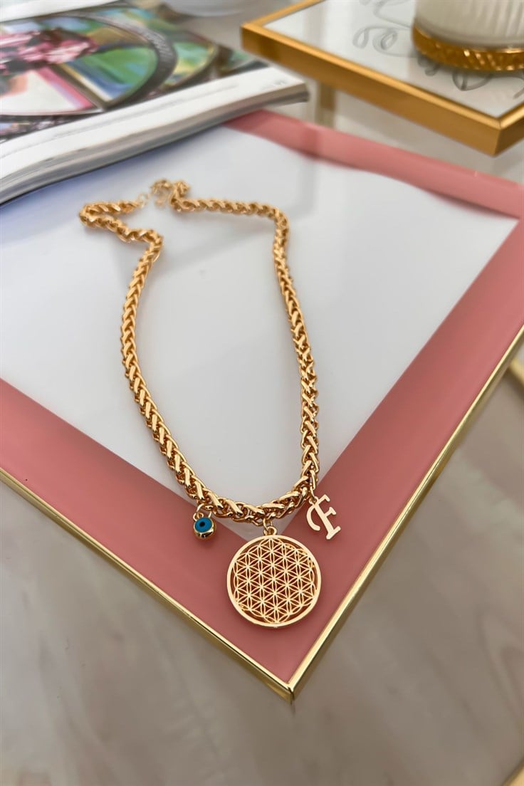Kalın Örgü Zincir Model F Harf ve Nazar Sallantılı Yaşam Çiçeği Kolye Gold