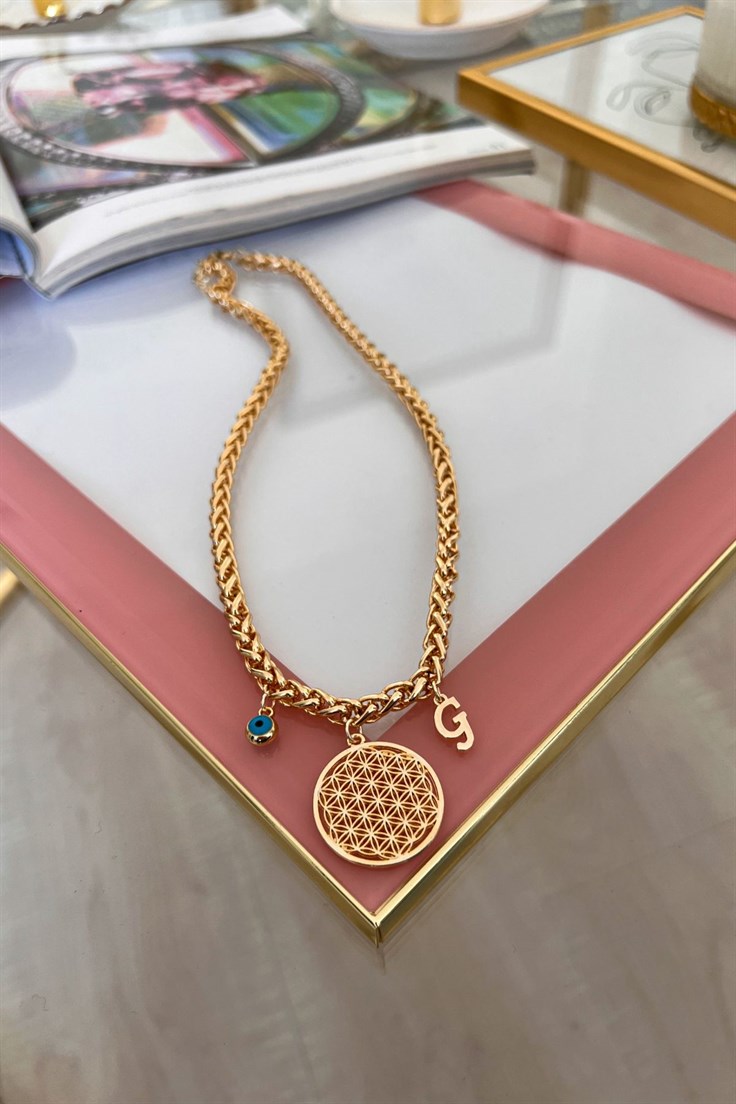 Kalın Örgü Zincir Model G Harf ve Nazar Sallantılı Yaşam Çiçeği Kolye Gold