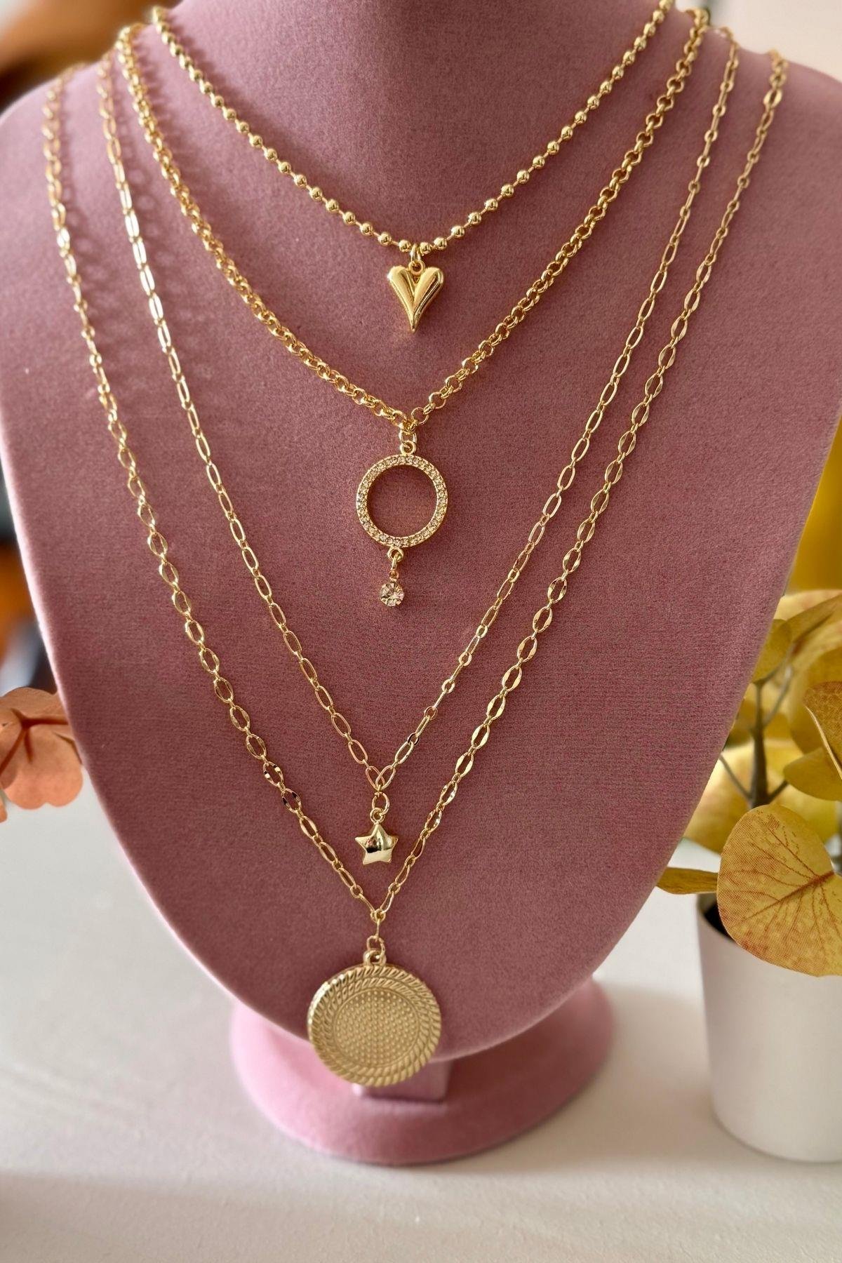 Kalp, Zirkon Yıdız ve Bohem Uçlu Kolye Kombini