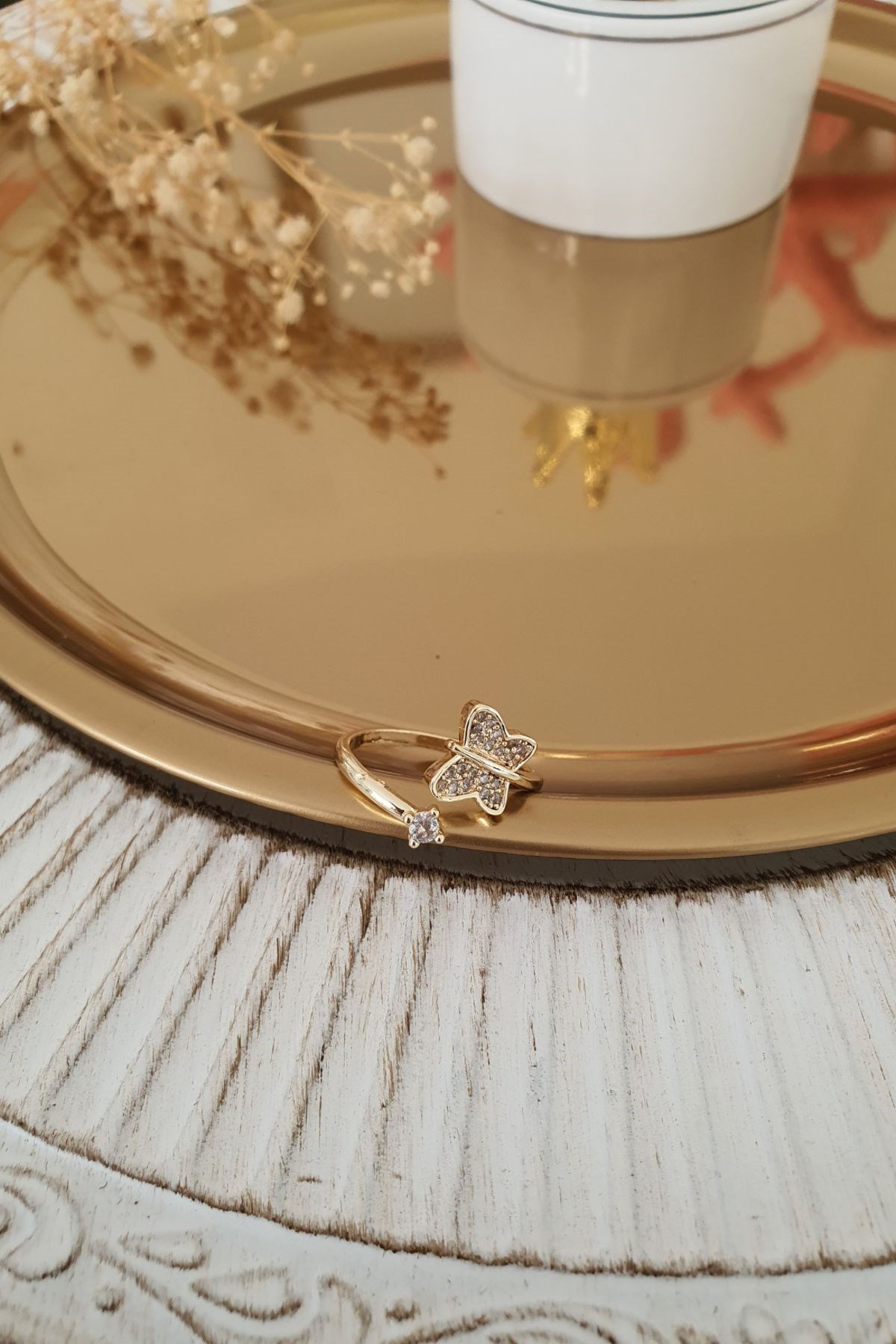 Kelebek Model Zirkon Taşlı Yüzük Gold