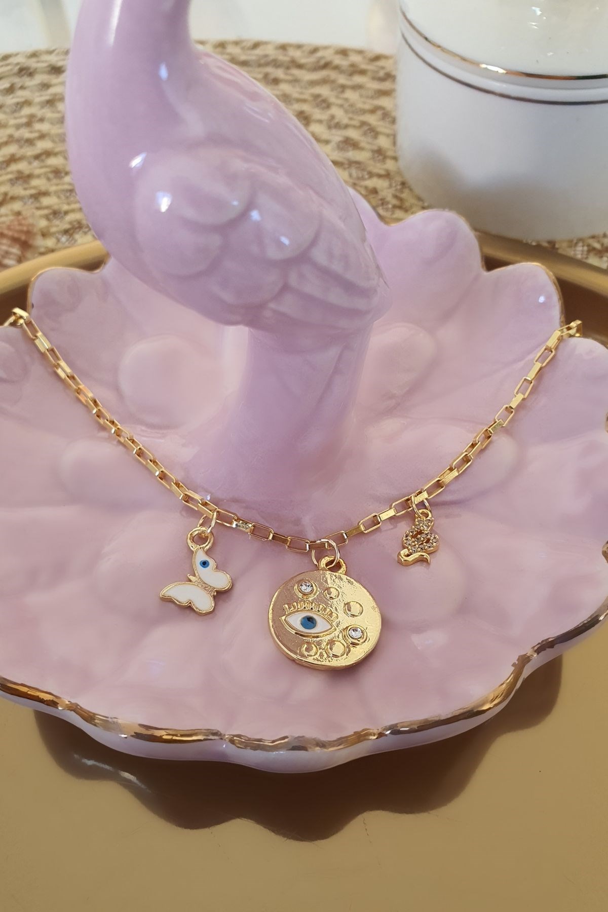 Kelebek, Zirkon Taşlı Plaka Göz ve Zirkon Taşlı Yılan Sallantılı Zincir Bileklik Gold