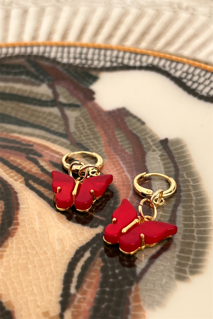 Kırmızı Kelebek Model Küpe Gold