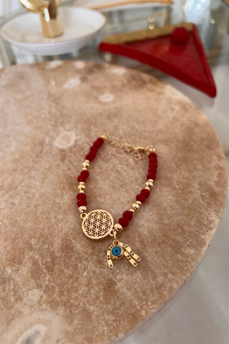 Kırmızı Kristal Boncuklu Yaşam Çiçeği Bileklik Gold