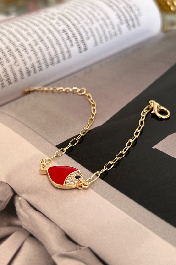 Kırmızı Mineli Balık Model Bileklik Gold
