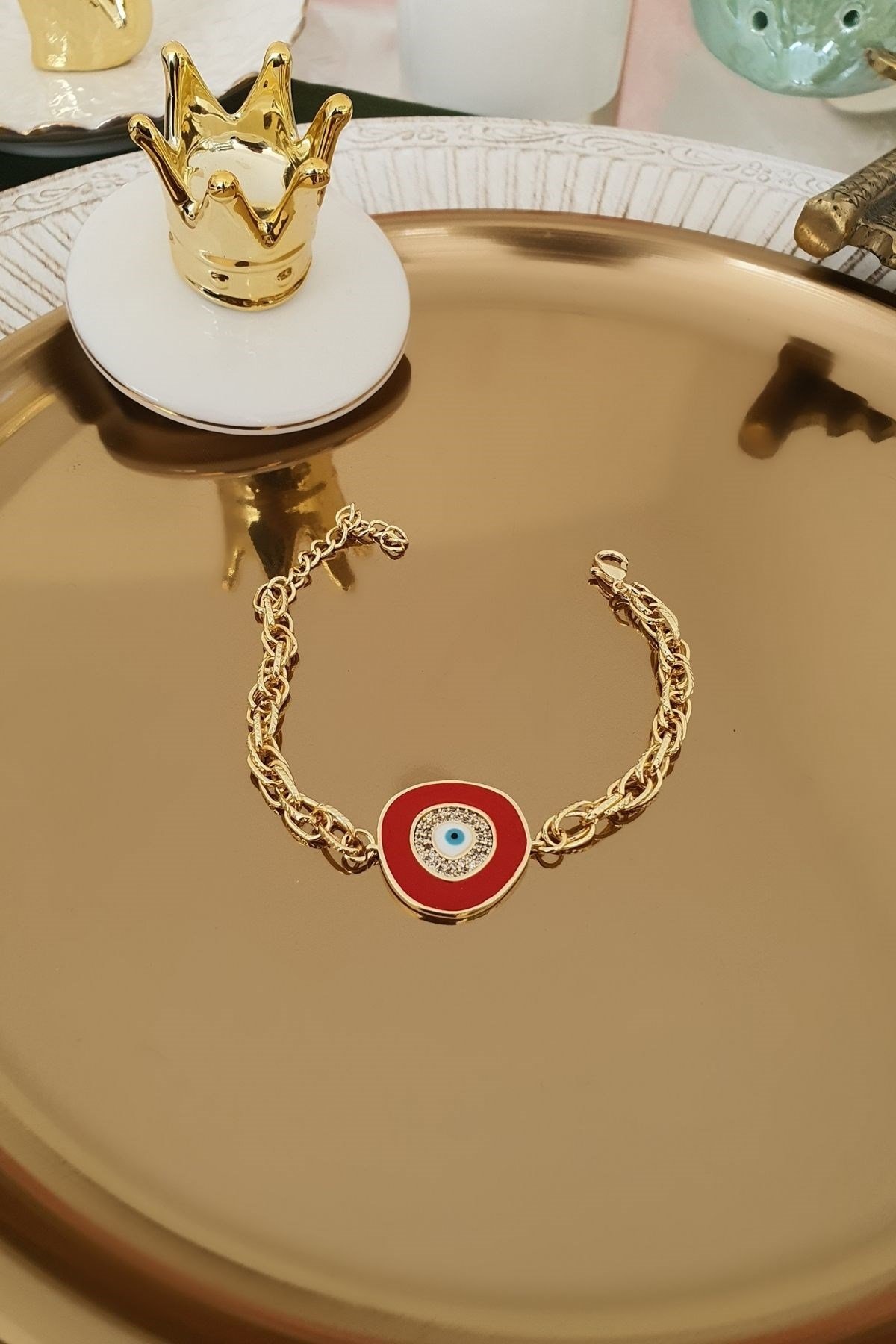 Kırmızı Mineli Sarmal Zincir Model Nazar Künye Gold