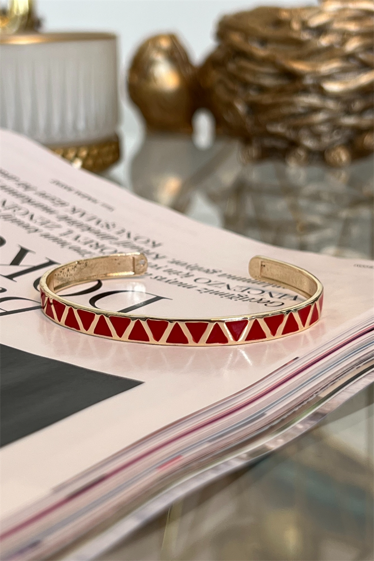 Kırmızı Mineli Zigzag Model Altı Açık Kelepçe Gold