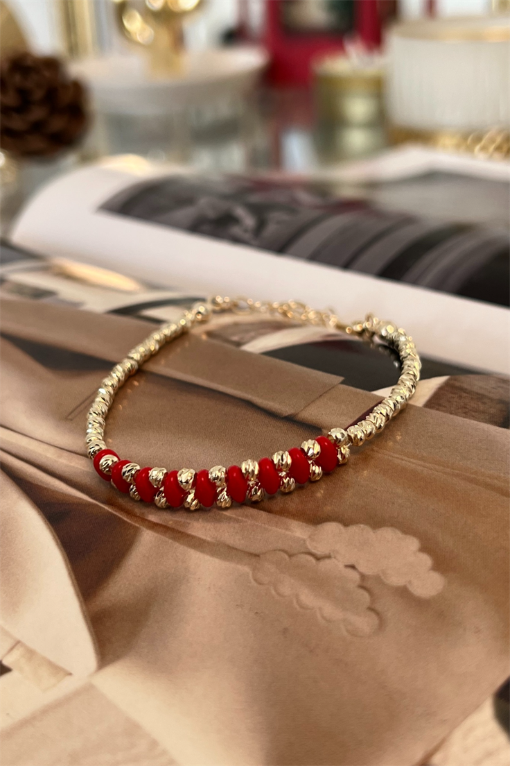 Kırmızı Miyuki Ve Dorika Toplu Örgü Model Bileklik Gold