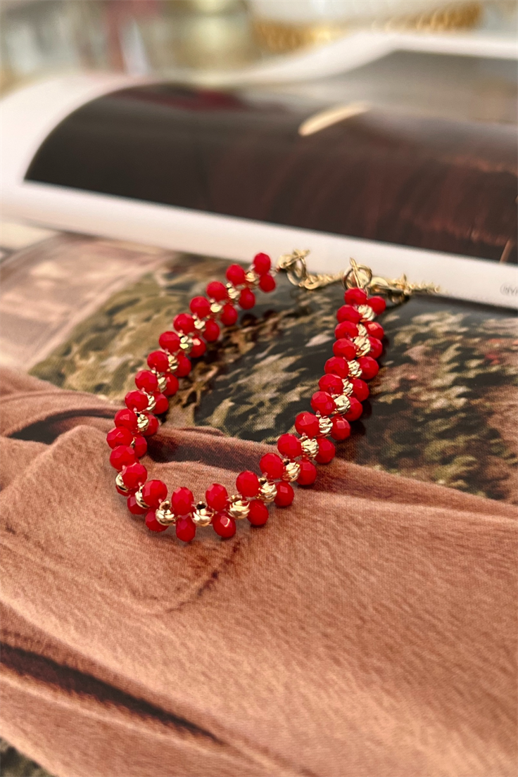 Kırmızı Örgü Model Kristal Bileklik Gold