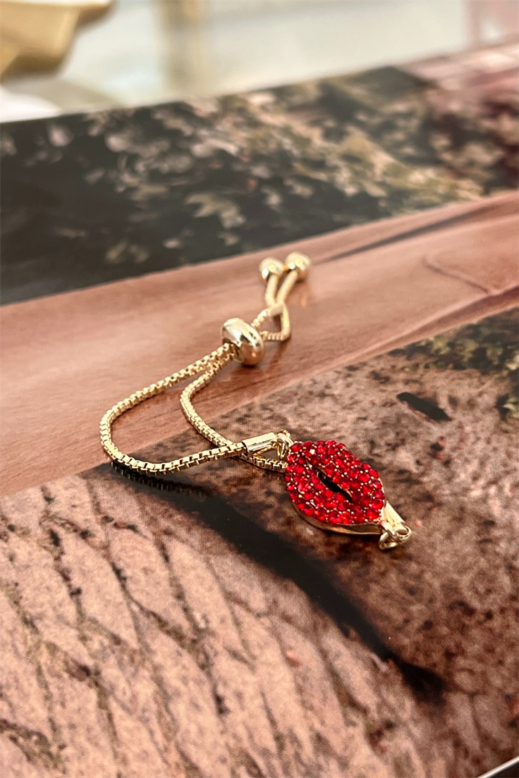 Kırmızı Zirkon Taşlı Dudak Model Asansör Ayarlı Bileklik Gold