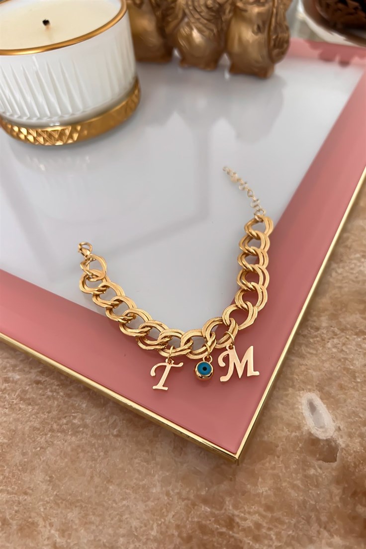 Kişiye Özel Harfleri Seçilebilir Çift Zincirli Bileklik Gold