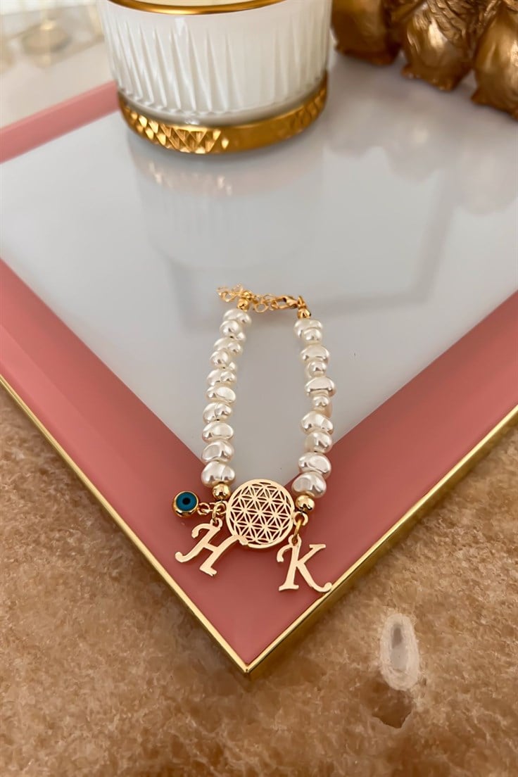 Kişiye Özel Harfleri Seçilebilir İncili Yaşam Çiçeği Bileklik Gold