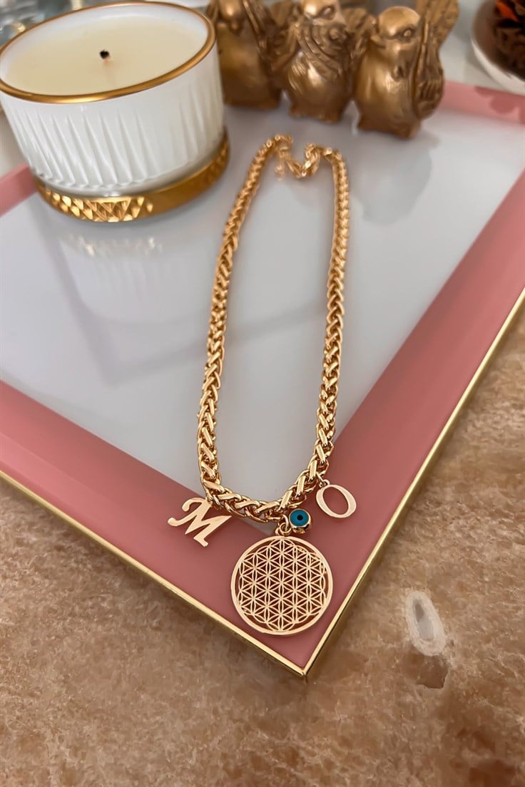 Kişiye Özel Harfleri Seçilebilir Örgü Zincirli Yaşam Çiçeği Kolye Gold