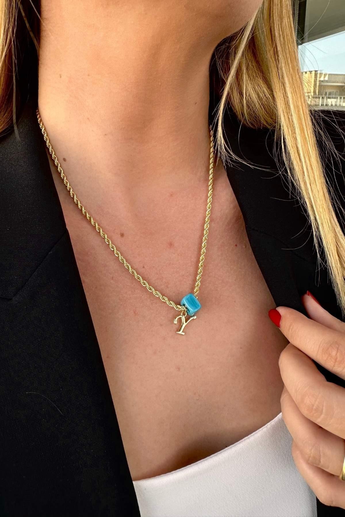 Kişiye Özel Harfli Altın Kaplama Nostalji Cam Boncuklu Y Harf Burgu Zincir Kolye