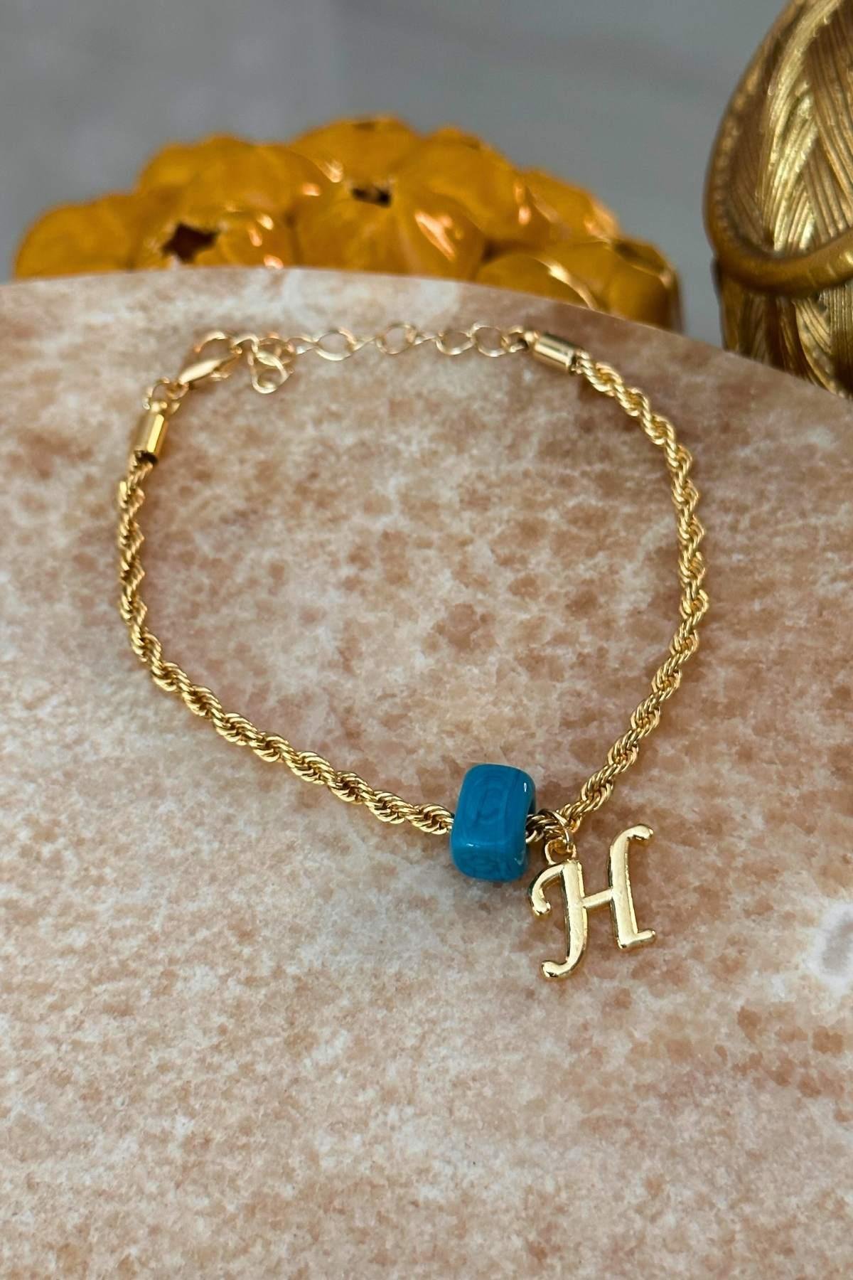 Kişiye Özel Harfli Altın Kaplama Nostalji Cam Boncuklu H Harf Burgu Zincir Bileklik