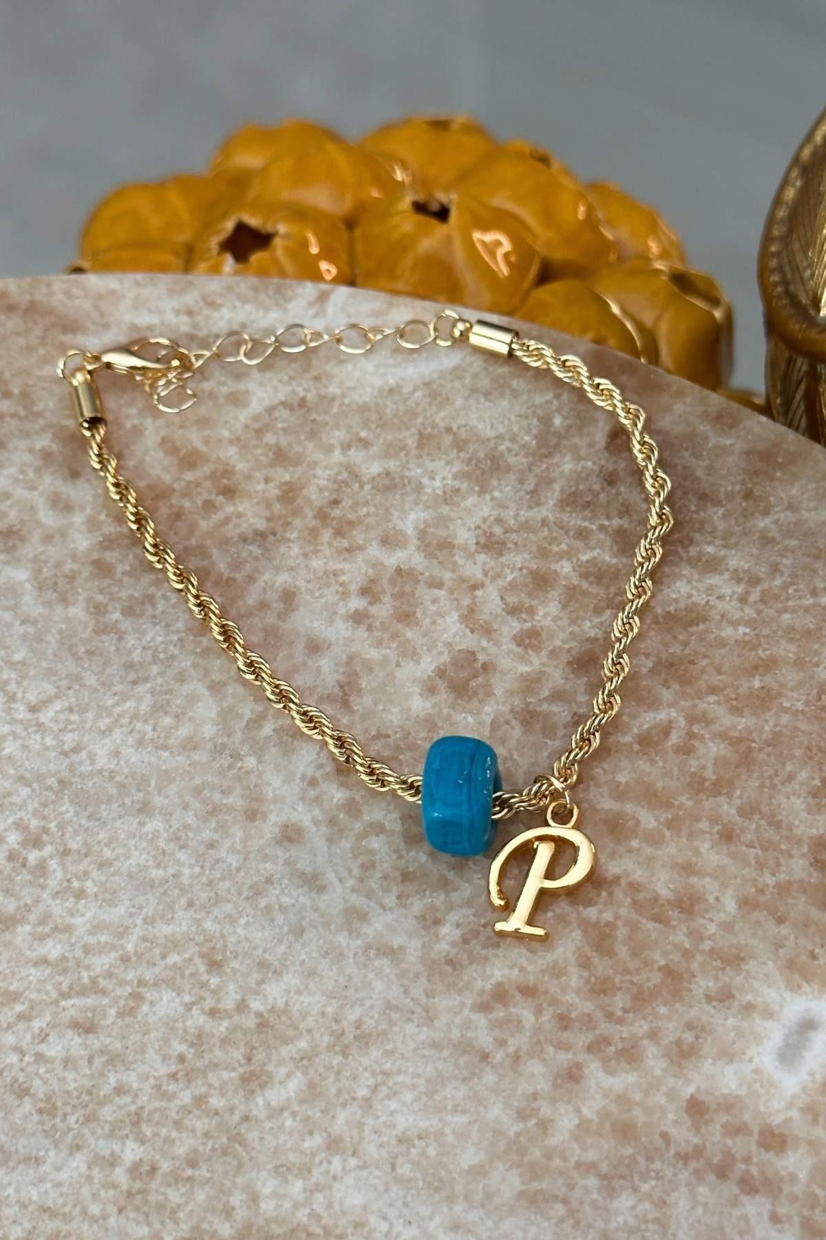 Kişiye Özel Harfli Altın Kaplama Nostalji Cam Boncuklu P Harf Burgu Zincir Bileklik