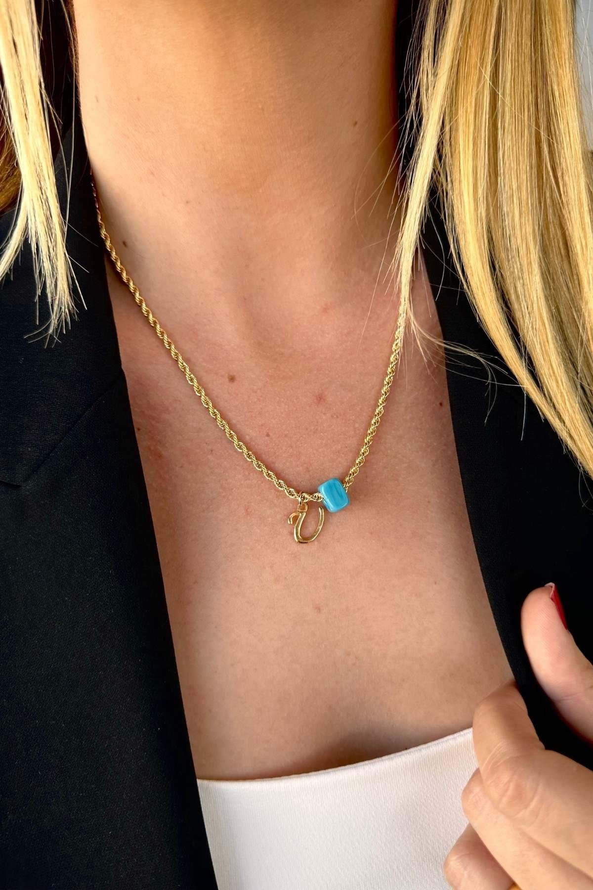 Kişiye Özel Harfli Altın Kaplama Nostalji Cam Boncuklu U Harf Burgu Zincir Kolye