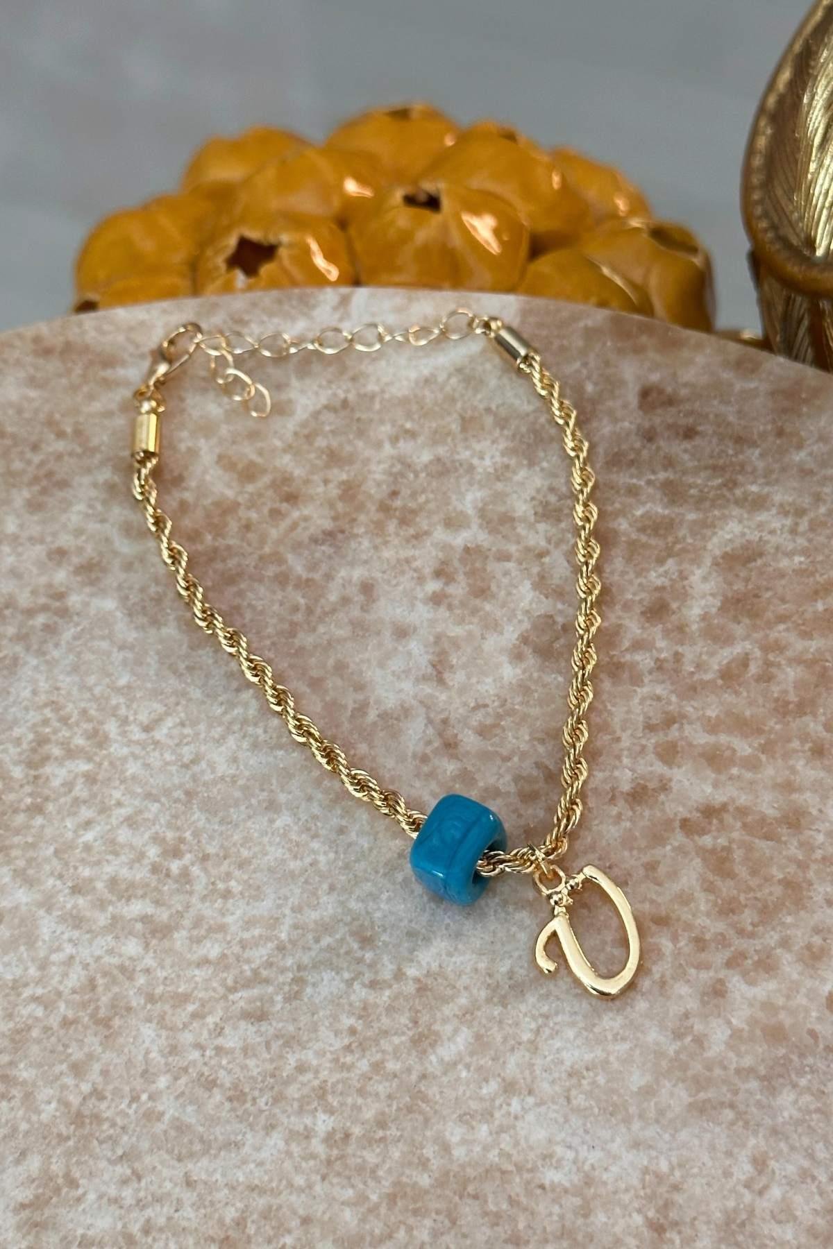 Kişiye Özel Harfli Altın Kaplama Nostalji Cam Boncuklu Ü Harf Burgu Zincir Bileklik