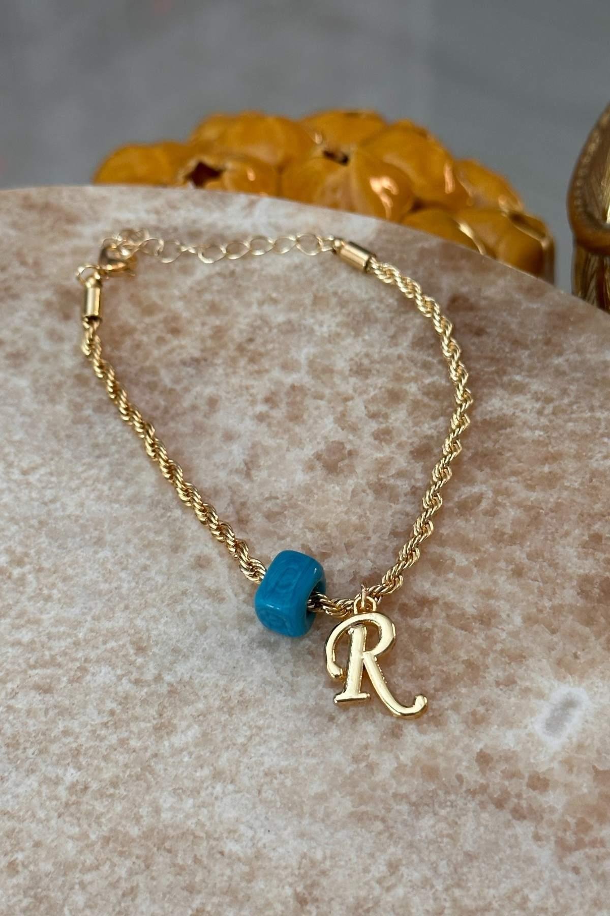 Kişiye Özel Harfli Altın Kaplama Nostalji Cam Boncuklu R Harf Burgu Zincir Bileklik