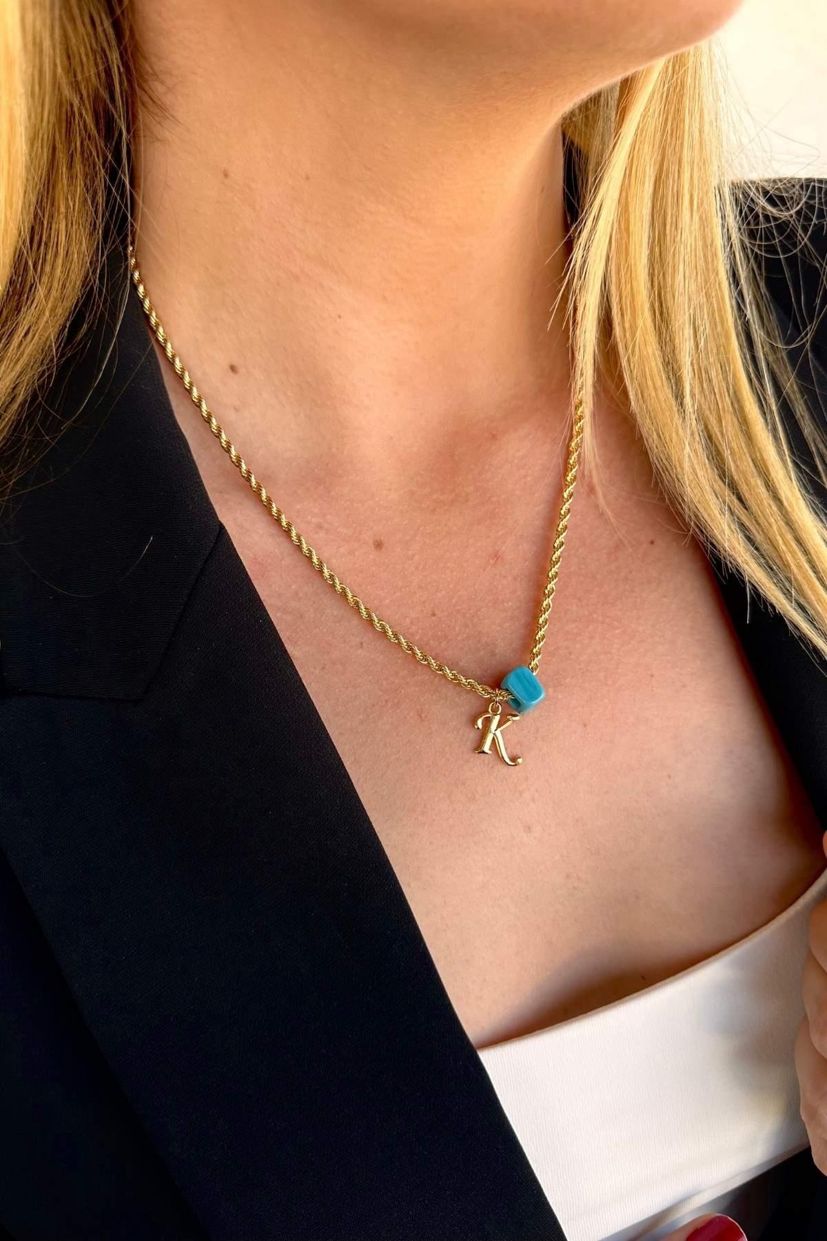 Kişiye Özel Harfli Altın Kaplama Nostalji Cam Boncuklu K Harf Burgu Zincir Kolye
