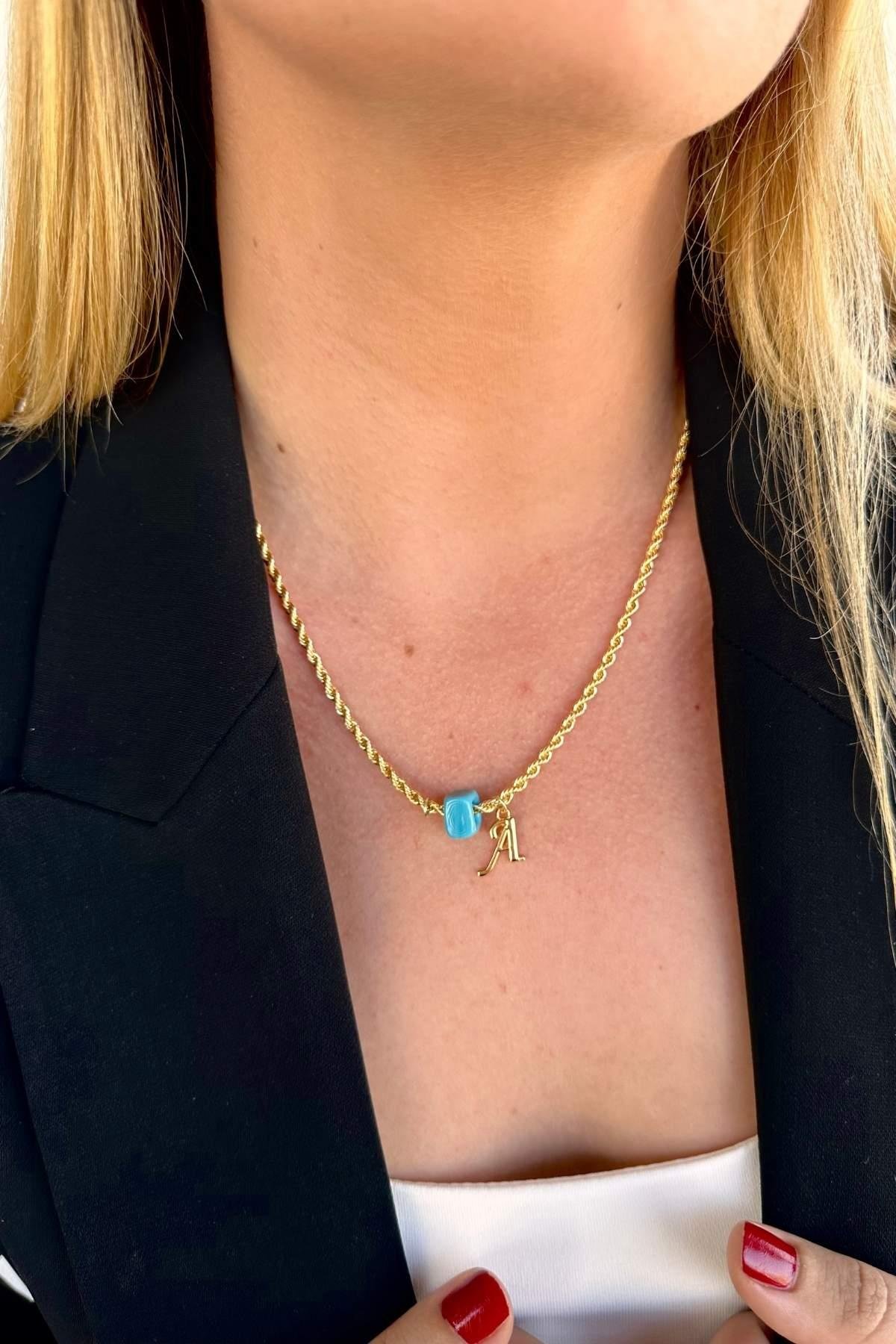 Kişiye Özel Harfli Altın Kaplama Nostalji Cam Boncuklu A Harf Burgu Zincir Kolye