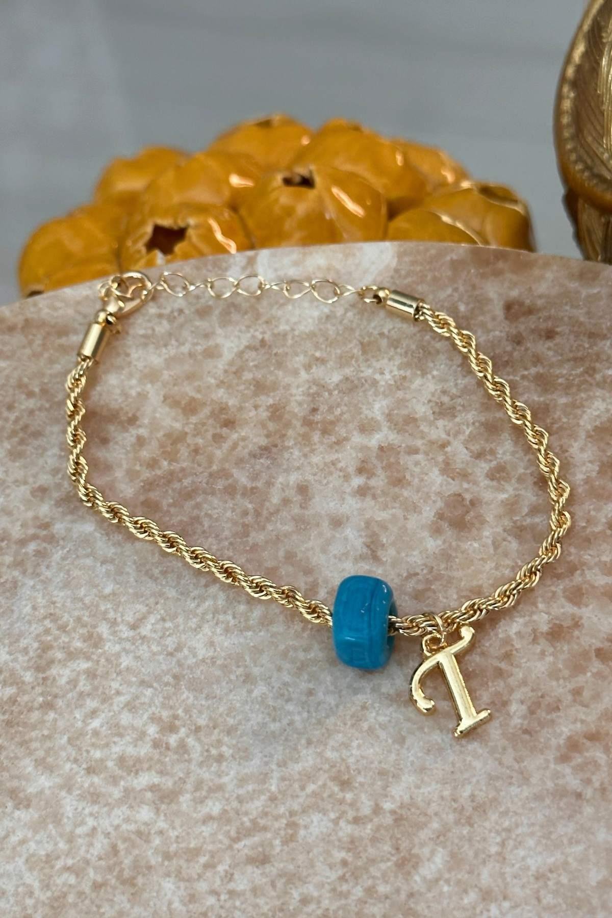 Kişiye Özel Harfli Altın Kaplama Nostalji Cam Boncuklu T Harf Burgu Zincir Bileklik