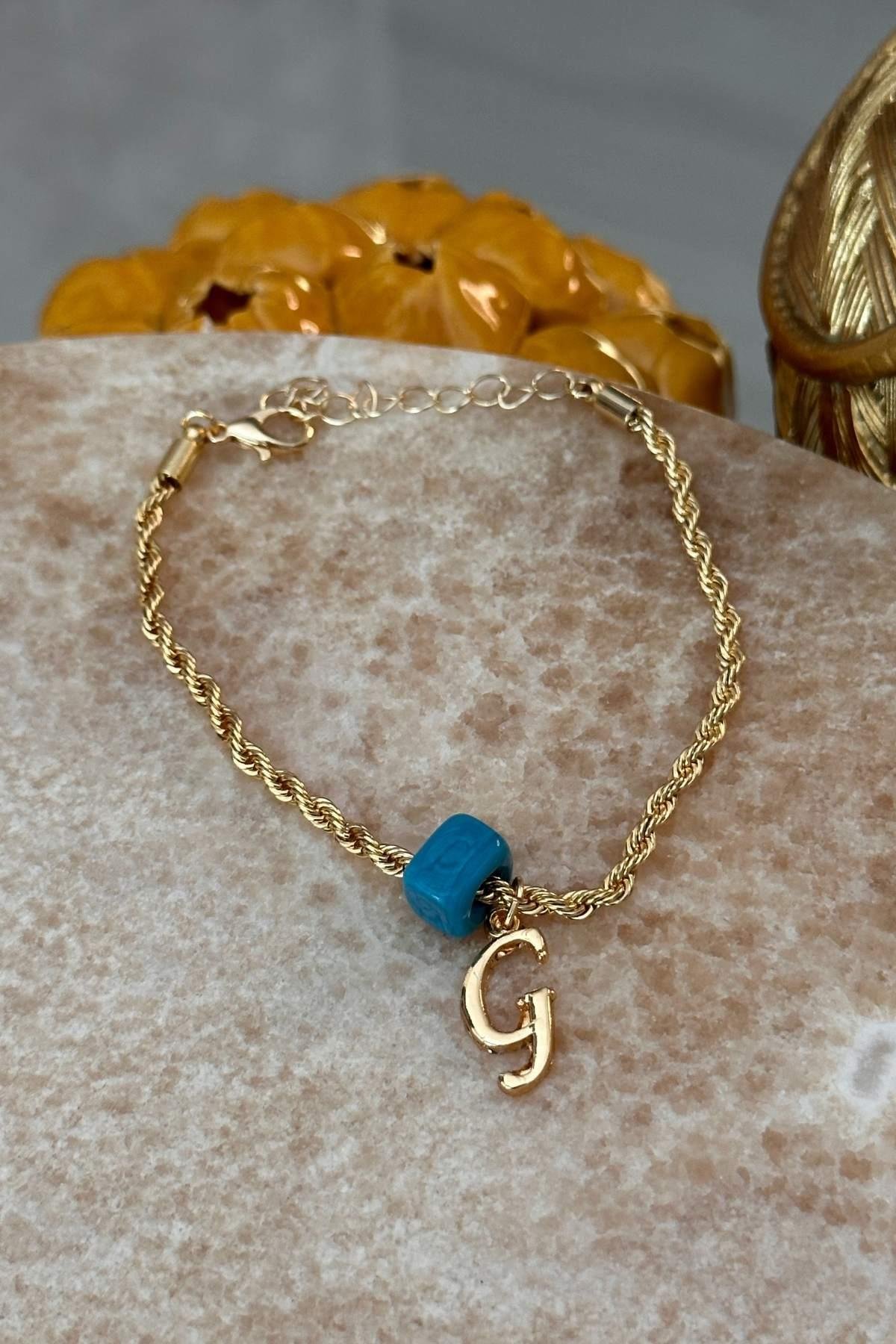 Kişiye Özel Harfli Altın Kaplama Nostalji Cam Boncuklu G Harf Burgu Zincir Bileklik