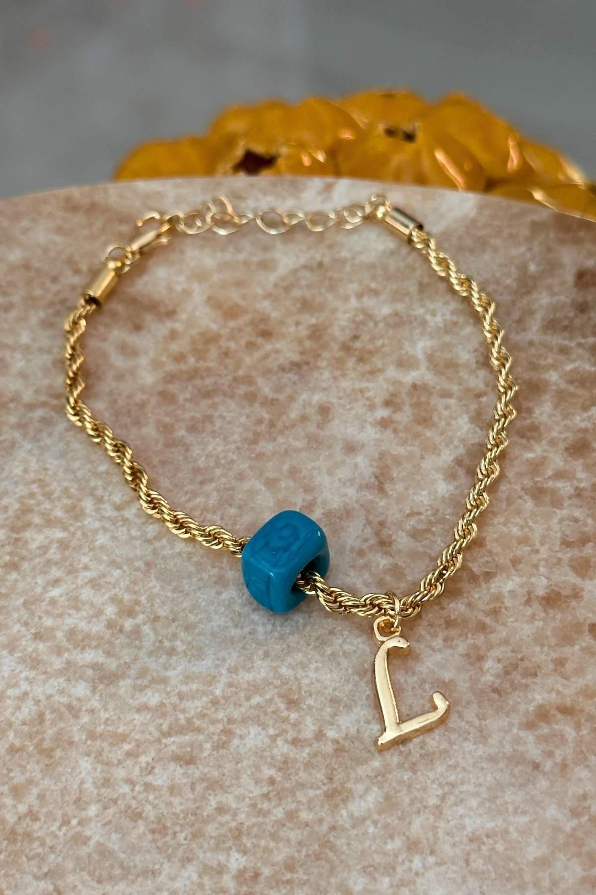 Kişiye Özel Harfli Altın Kaplama Nostalji Cam Boncuklu L Harf Burgu Zincir Bileklik