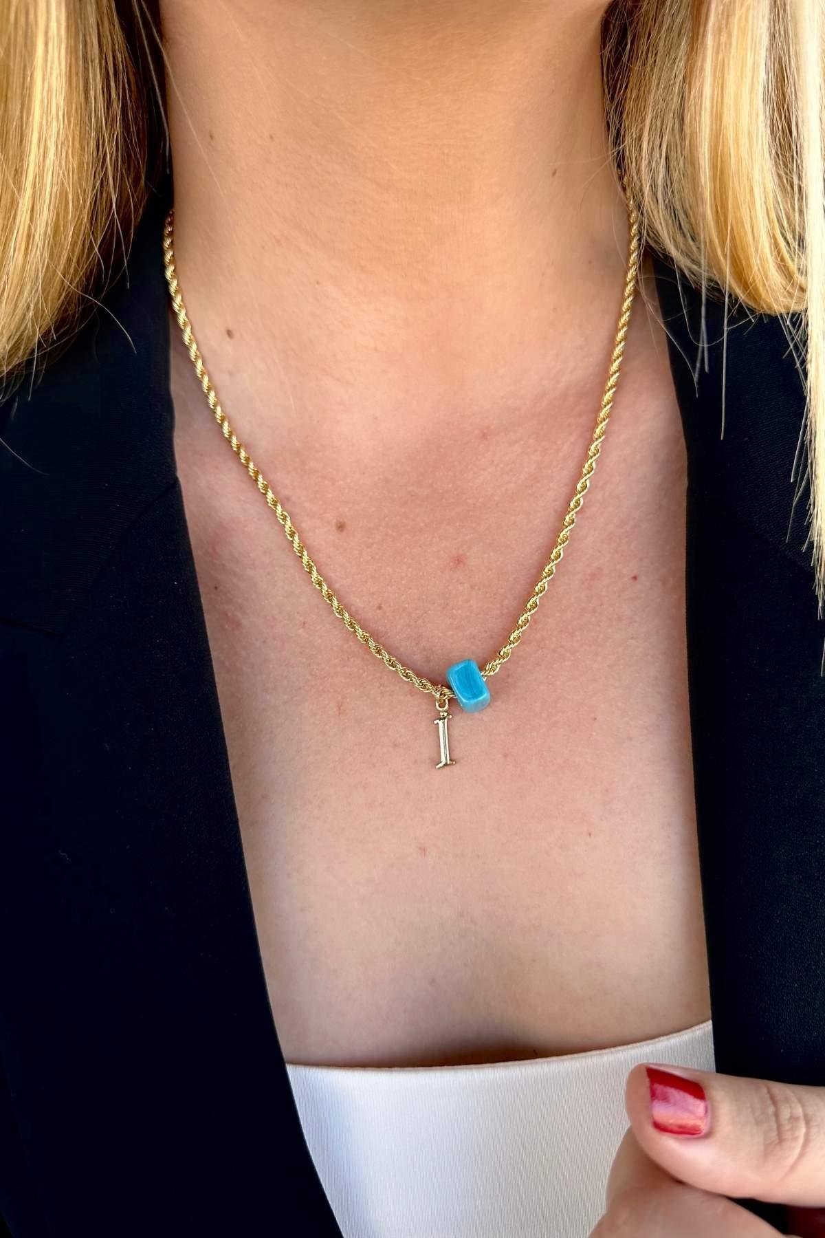 Kişiye Özel Harfli Altın Kaplama Nostalji Cam Boncuklu İ Harf Burgu Zincir Kolye