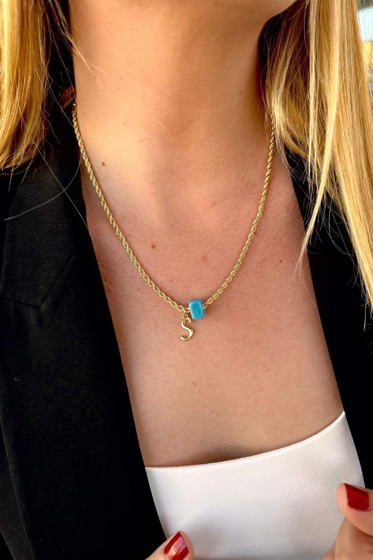 Kişiye Özel Harfli Altın Kaplama Nostalji Cam Boncuklu S Harf Burgu Zincir Kolye