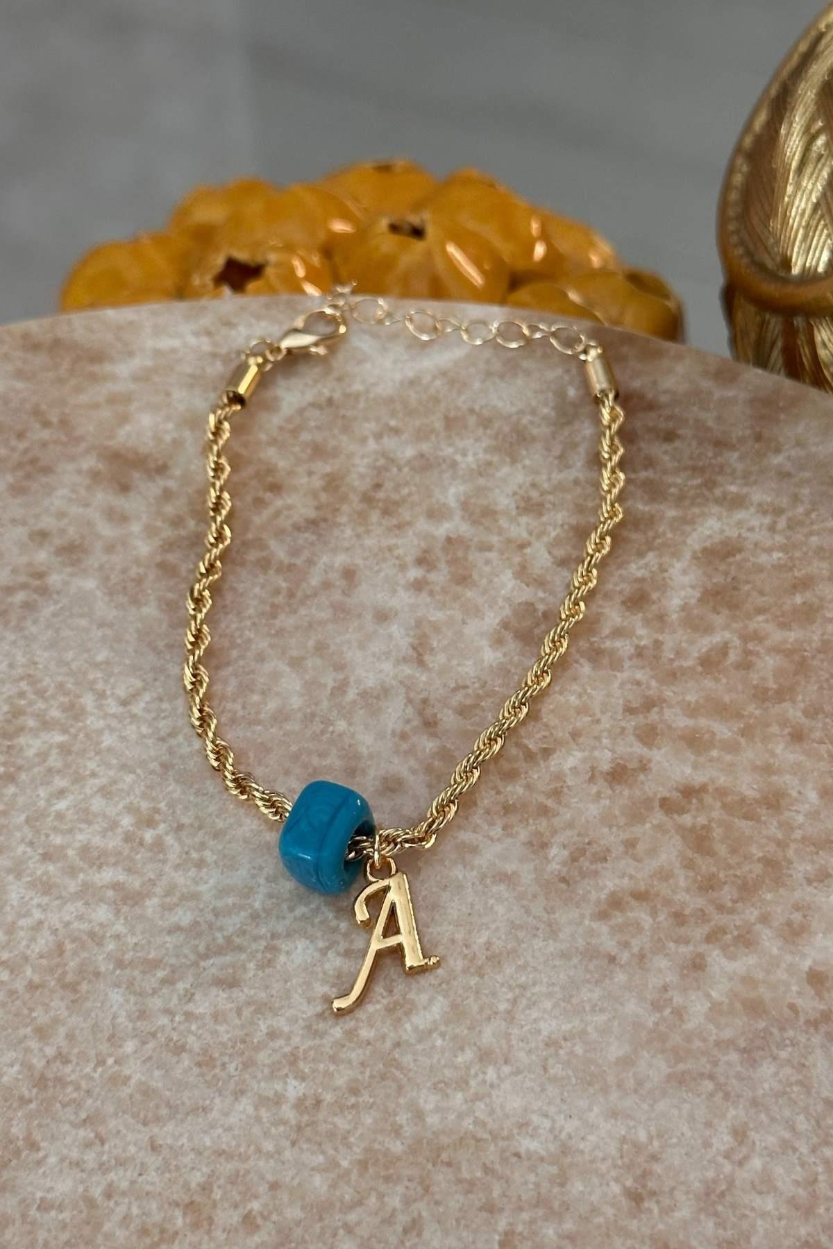 Kişiye Özel Harfli Altın Kaplama Nostalji Cam Boncuklu A Harf Burgu Zincir Bileklik