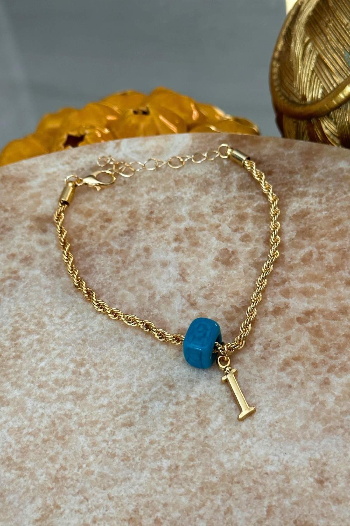 Kişiye Özel Harfli Altın Kaplama Nostalji Cam Boncuklu İ Harf Burgu Zincir Bileklik