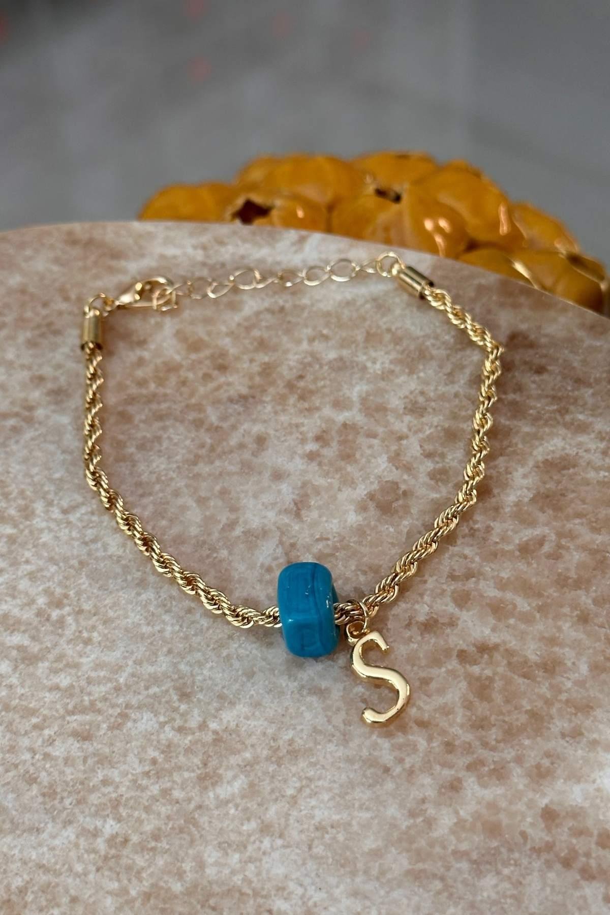 Kişiye Özel Harfli Altın Kaplama Nostalji Cam Boncuklu S Harf Burgu Zincir Bileklik