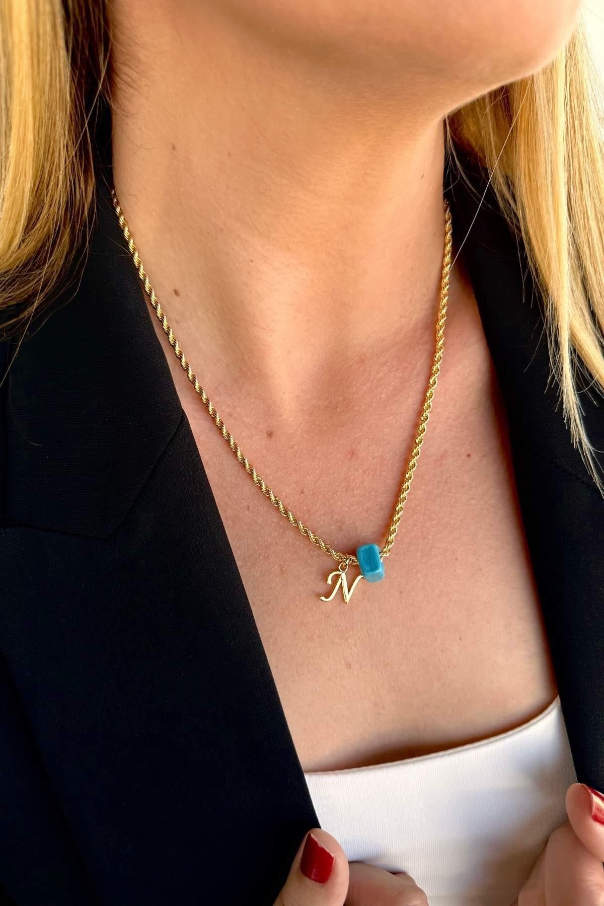 Kişiye Özel Harfli Altın Kaplama Nostalji Cam Boncuklu N Harf Burgu Zincir Kolye