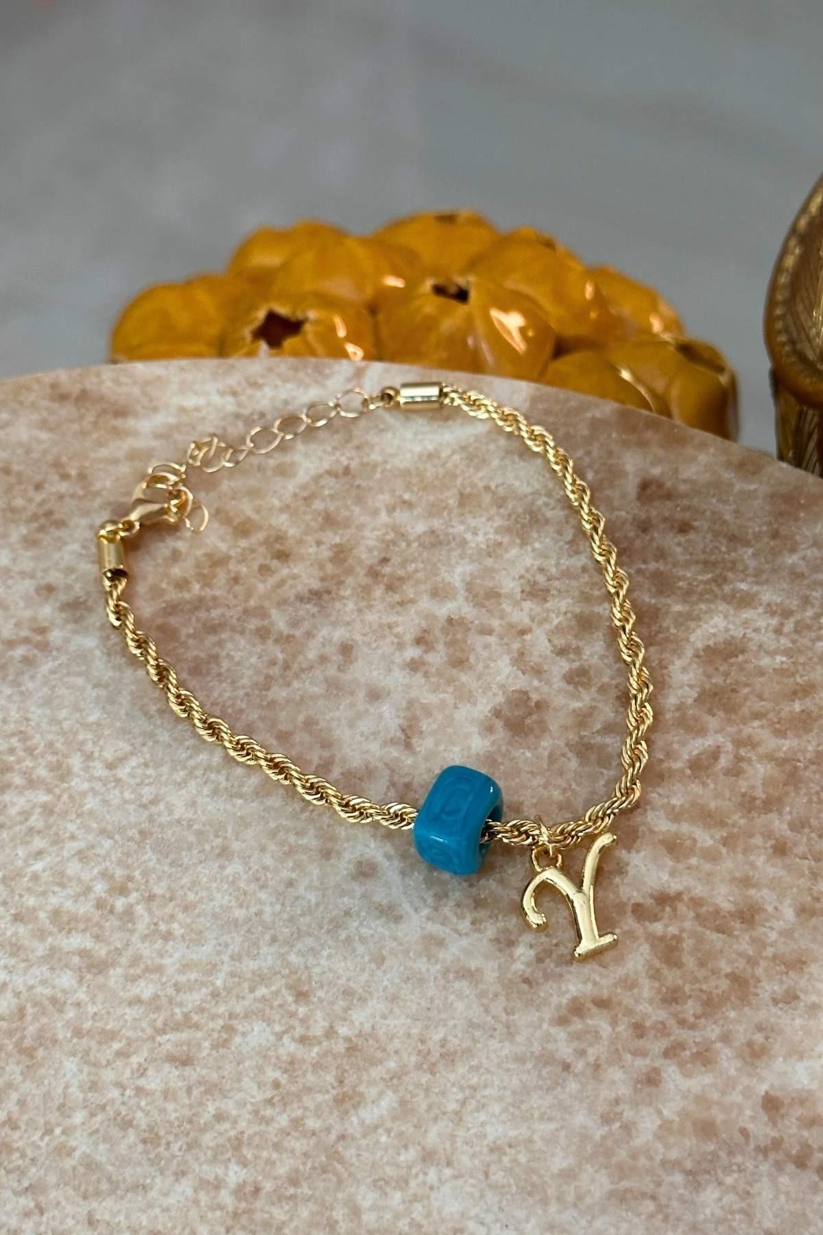 Kişiye Özel Harfli Altın Kaplama Nostalji Cam Boncuklu Y Harf Burgu Zincir Bileklik