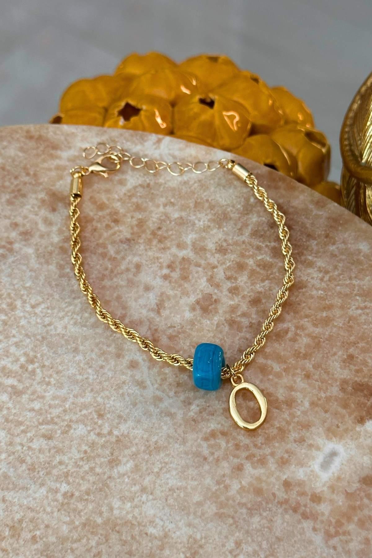 Kişiye Özel Harfli Altın Kaplama Nostalji Cam Boncuklu O Harf Burgu Zincir Bileklik